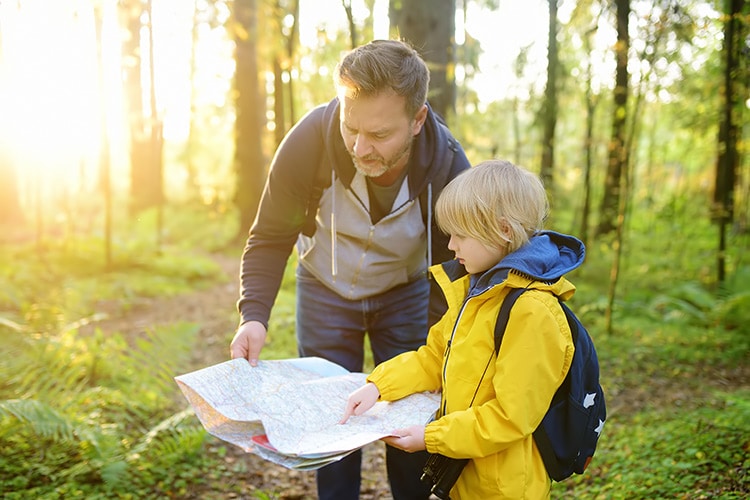 Father and son looking at a map in the forest