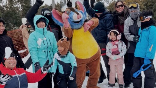 Lenny the Leadbeater Alpine Possum, our resort mascot having fun with guests in the snow!
