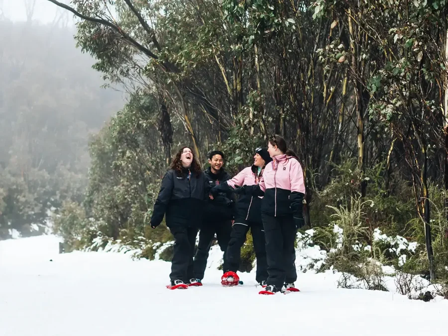 group of 4 friends laughing and having fun while walking with snowshoes