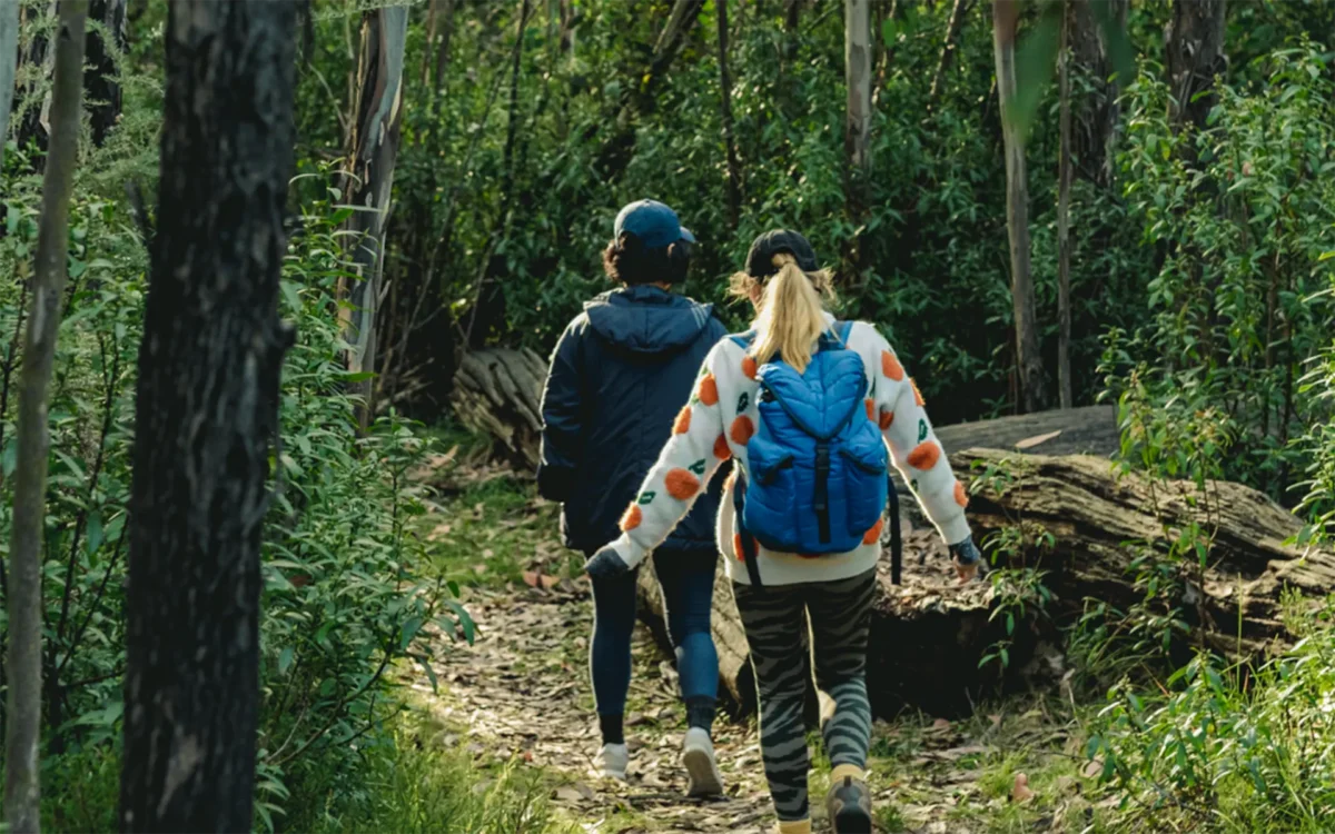 two people walking through the forest