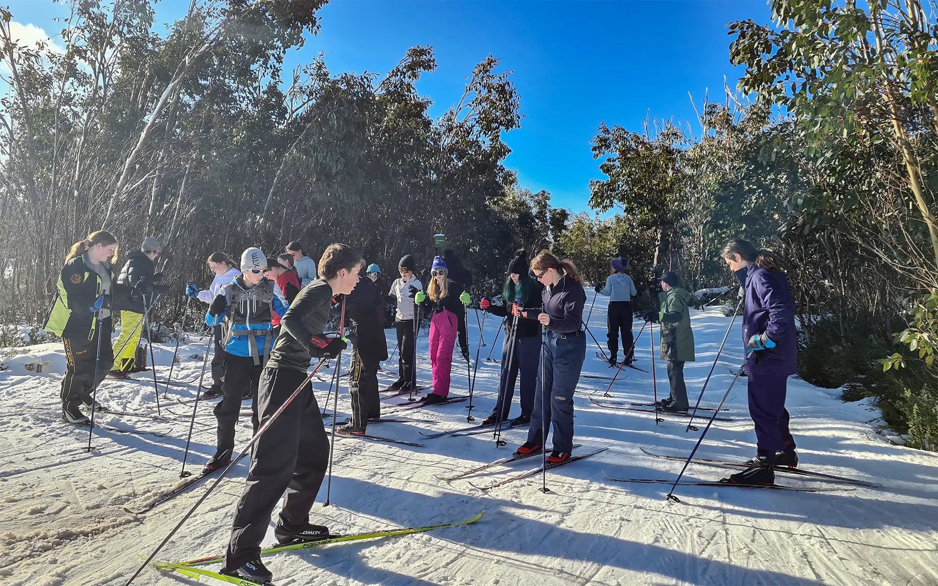group of students practicing skiing